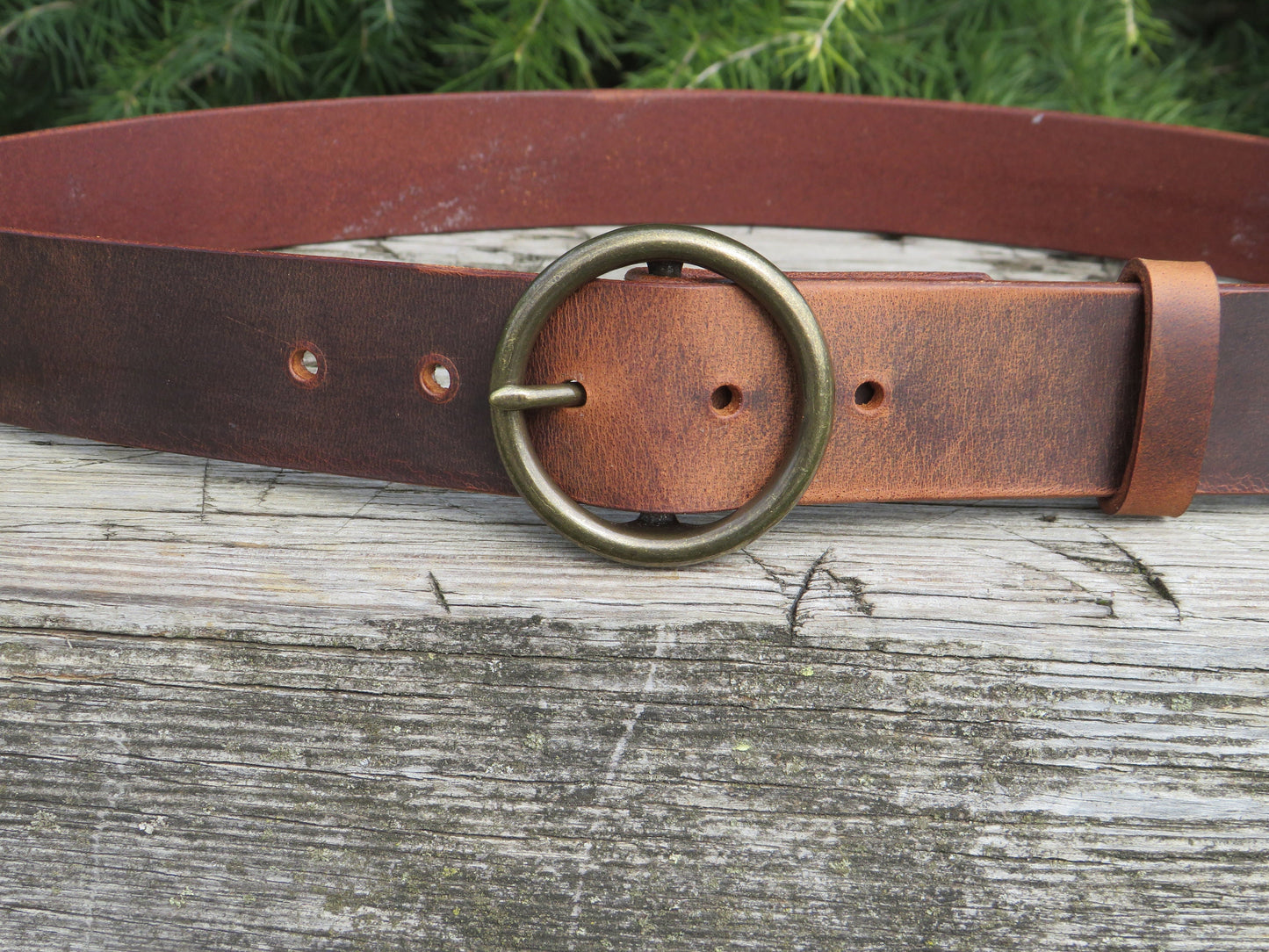 Custom Leather Ring Belt - Wide Circle Buckle, Made in USA, Vintage Look 1 1/2" wide leather belt Made in the USA