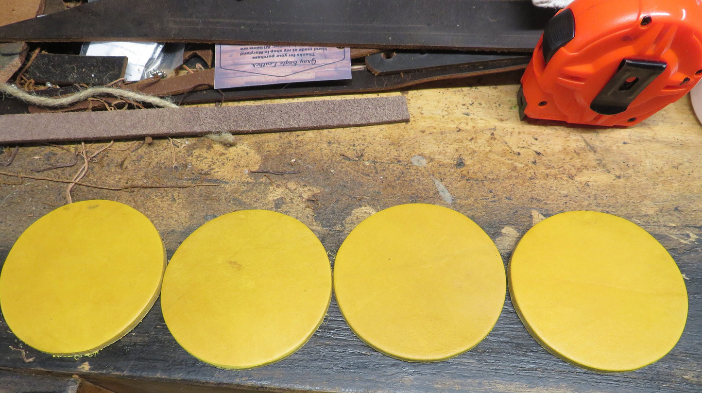 Ships today!! Set of 4 Full Grain Yellow Leather coasters, finish them your way, or use them like this