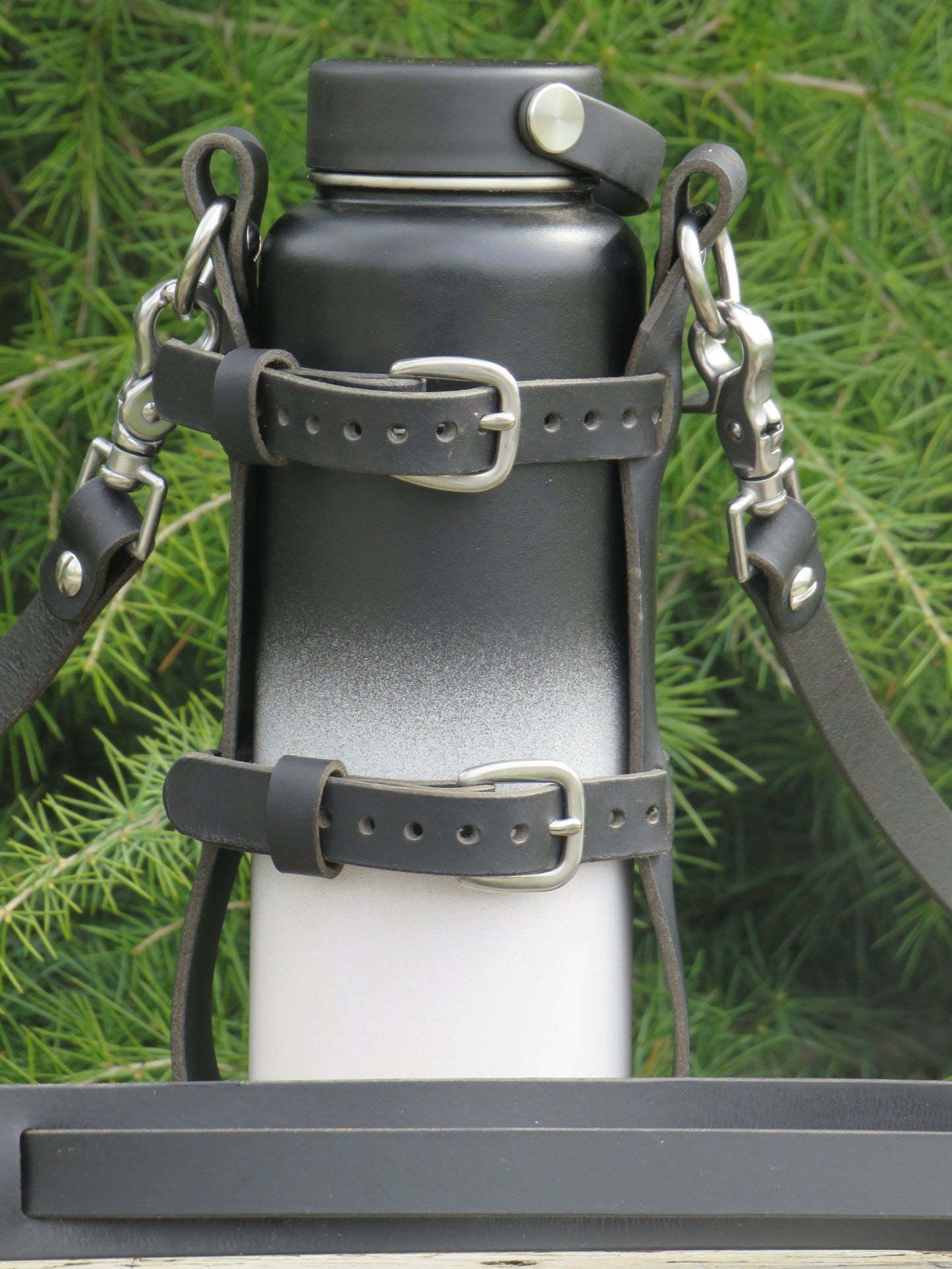 Adjustable  Handmade Full Grain Black leather water bottle carrier with shoulder strap and shoulder pad, Stainless Steel buckles