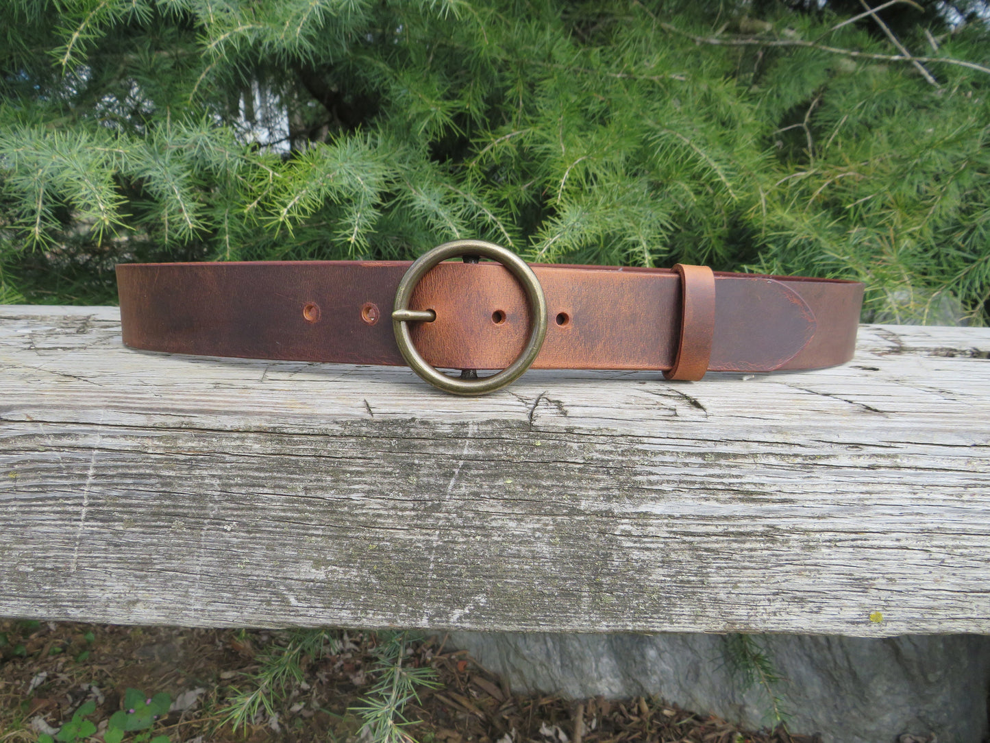 Custom Leather Ring Belt - Wide Circle Buckle, Made in USA, Vintage Look 1 1/2" wide leather belt Made in the USA