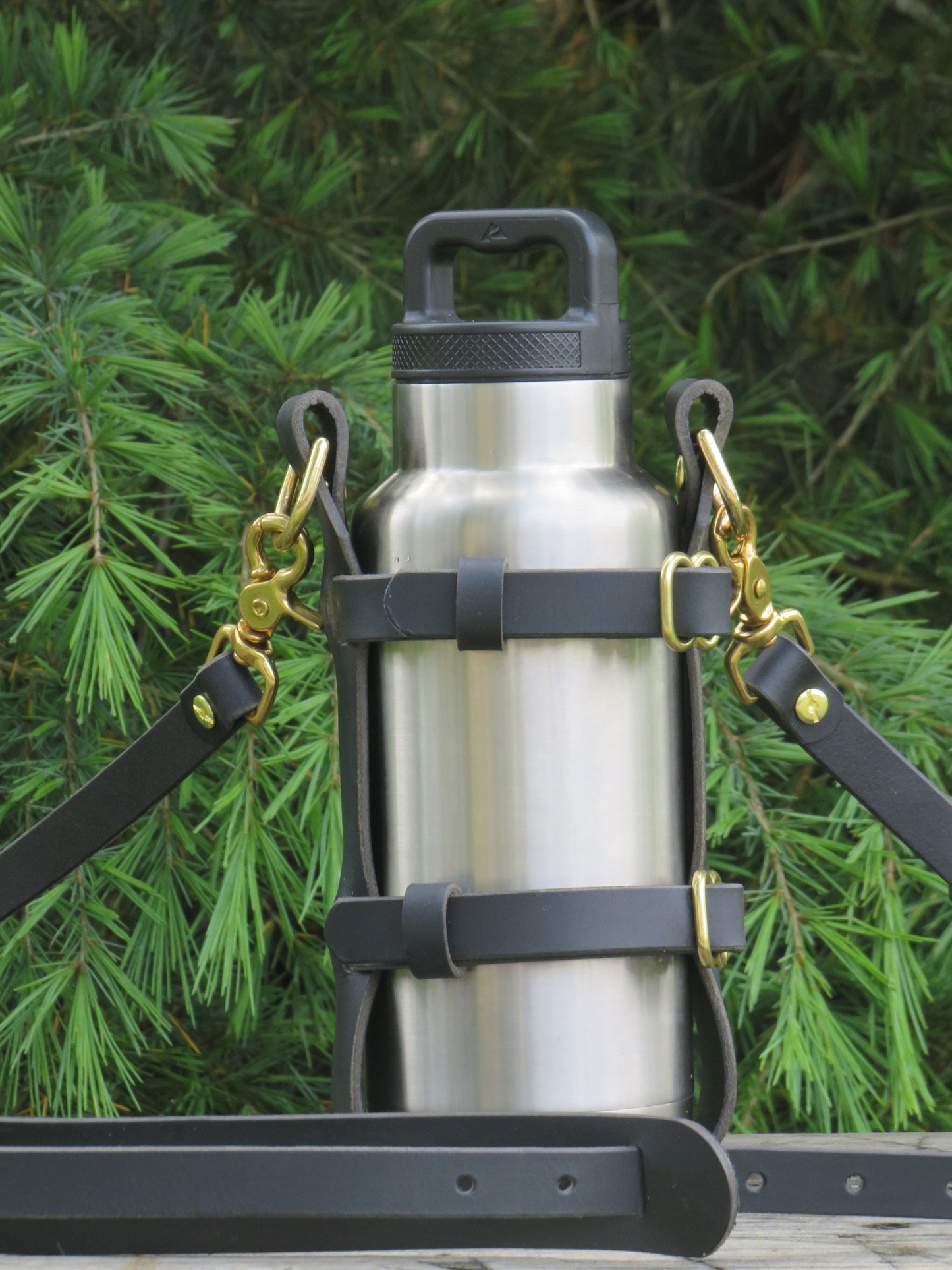 Adjustable Black  Handmade Full Grain Water Buffalo leather water bottle carrier with shoulder strap, Custom made