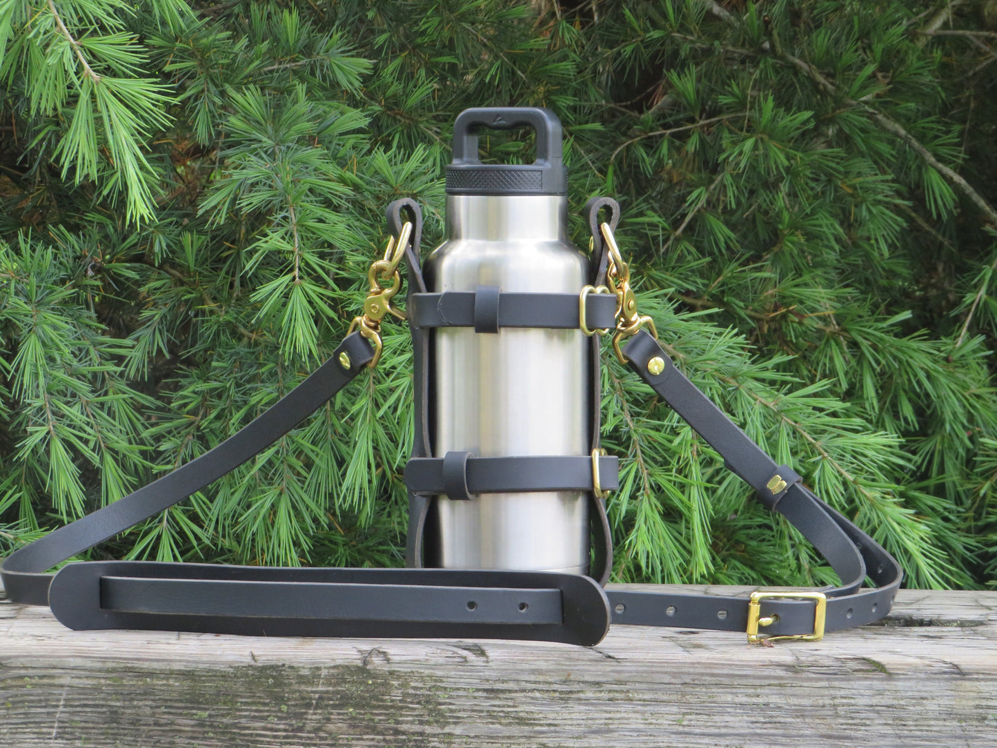 Adjustable Black  Handmade Full Grain Water Buffalo leather water bottle carrier with shoulder strap, Custom made