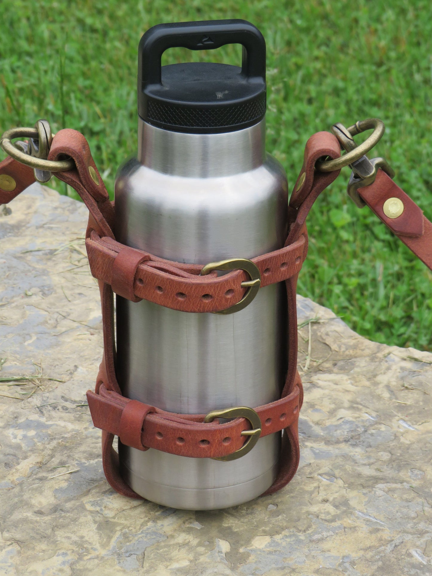 Ships Today Adjustable Hermann Oak harness leather water bottle carrier w/ shoulder strap  water bottle harness water bottle