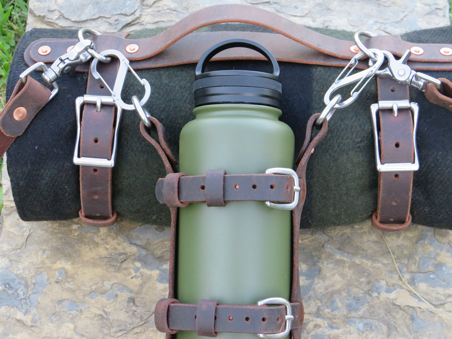 Handmade blanket carrier & Water Bottle set full grain leather stainless hardware