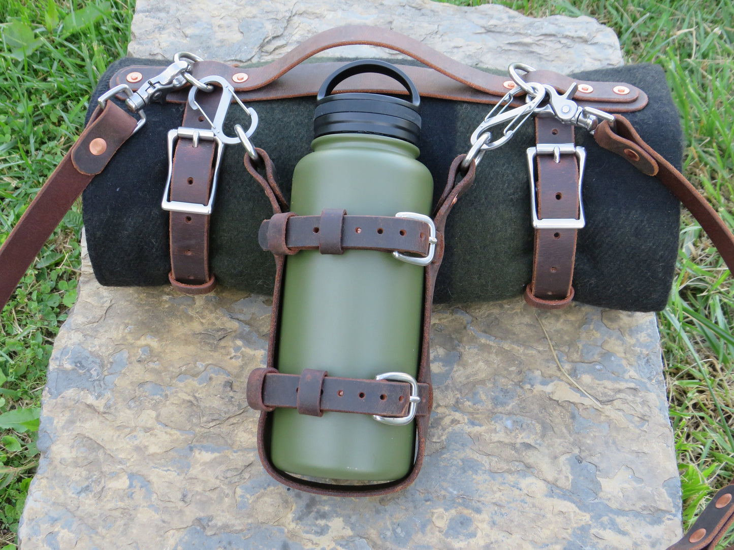 Handmade blanket carrier & Water Bottle set full grain leather stainless hardware