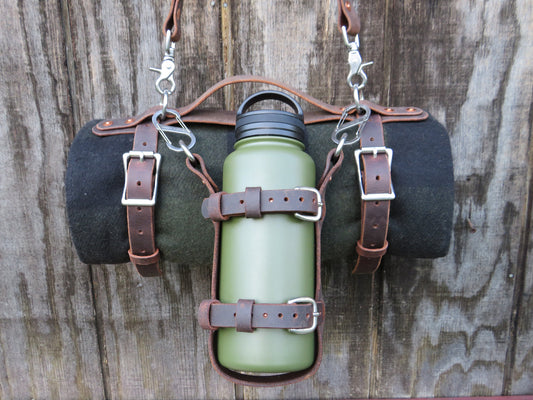 Handmade blanket carrier & Water Bottle set full grain leather stainless hardware