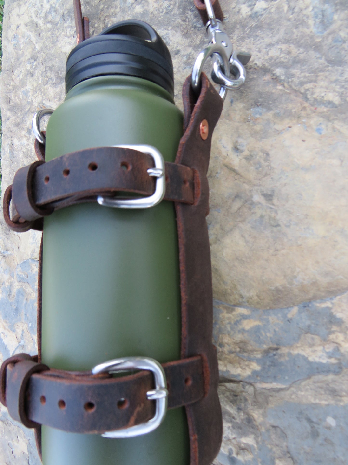 Adjustable Full Grain leather water bottle carrier with shoulder strap, Stainless Steel buckles and full grain leather custom made to fit