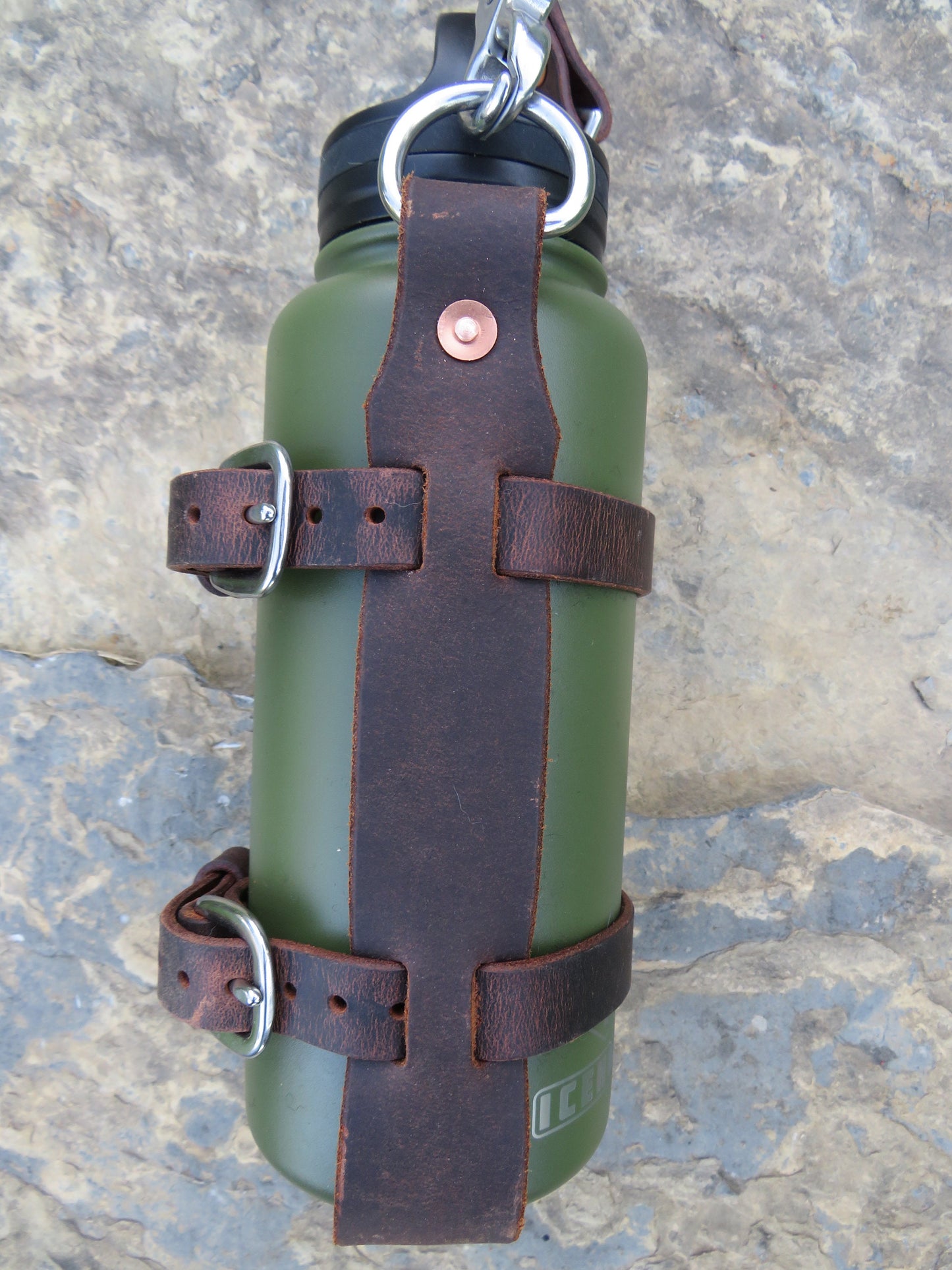 Adjustable Full Grain leather water bottle carrier with shoulder strap, Stainless Steel buckles and full grain leather custom made to fit