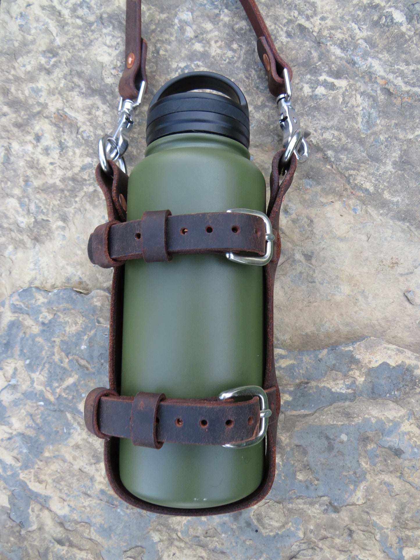 Adjustable Full Grain leather water bottle carrier with shoulder strap, Stainless Steel buckles and full grain leather custom made to fit