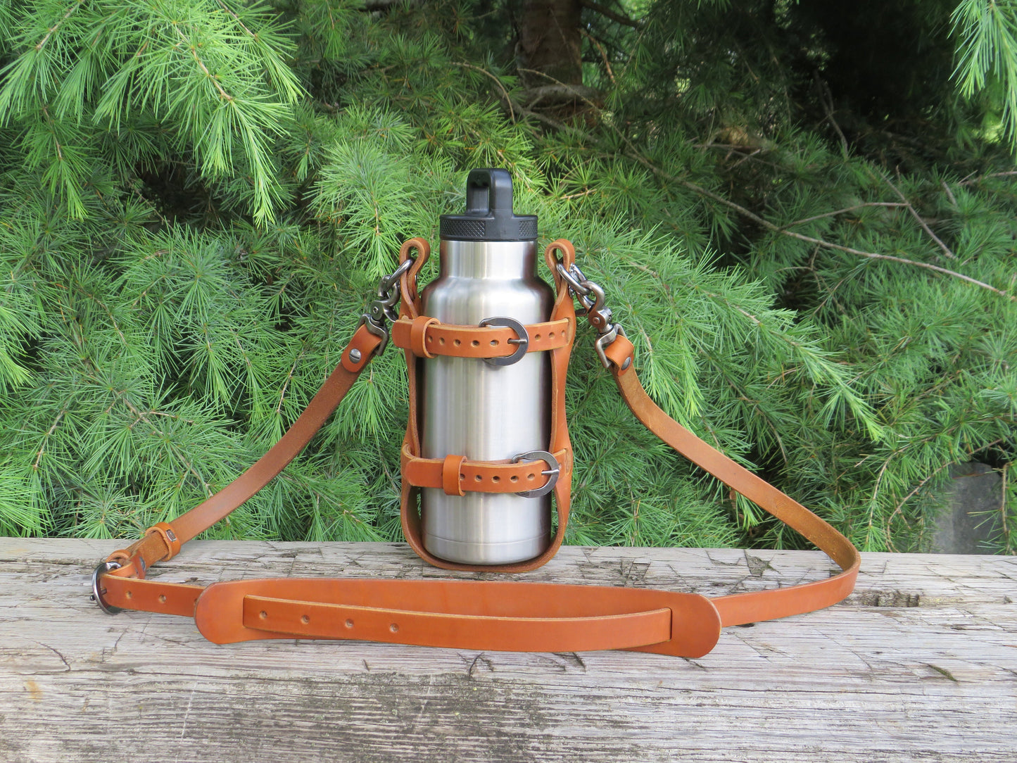 Ships Today Adjustable Full Grain Latigo leather water bottle carrier with shoulder strap Water Bottle carrier Water Bottle harness