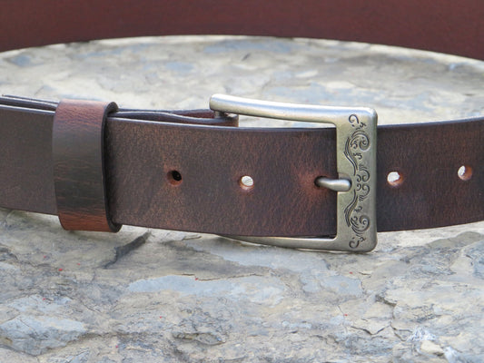 Customized Men's Leather Belt - Monogrammed Full Grain Crazy Horse Water Buffalo, Rustic Design