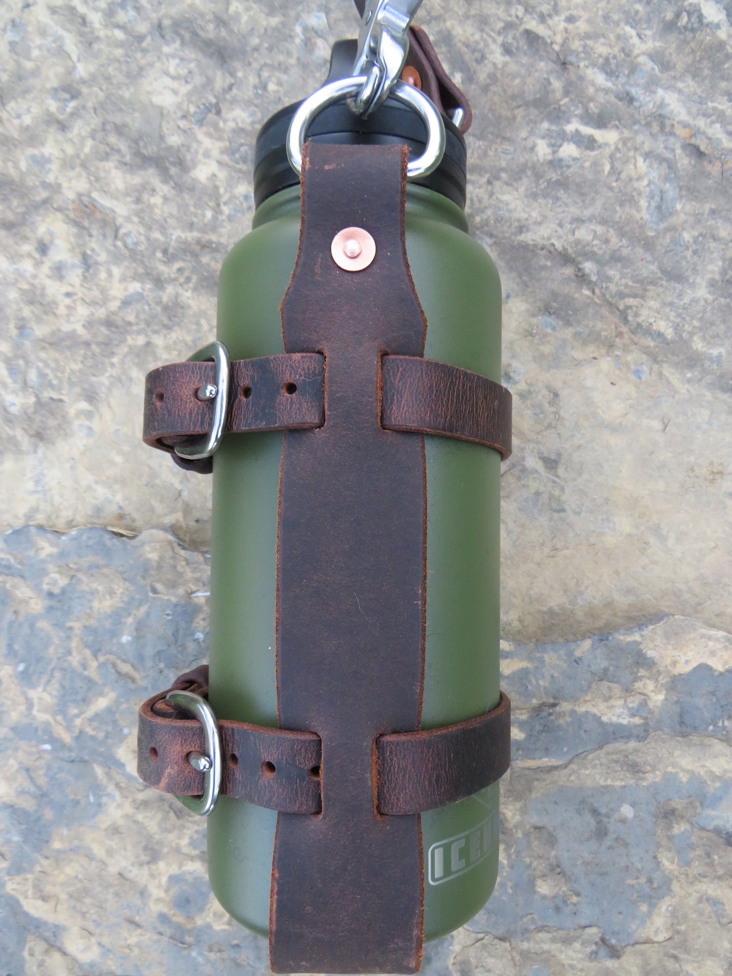 Adjustable Full Grain leather water bottle carrier with shoulder strap, Stainless Steel buckles and full grain leather custom made to fit