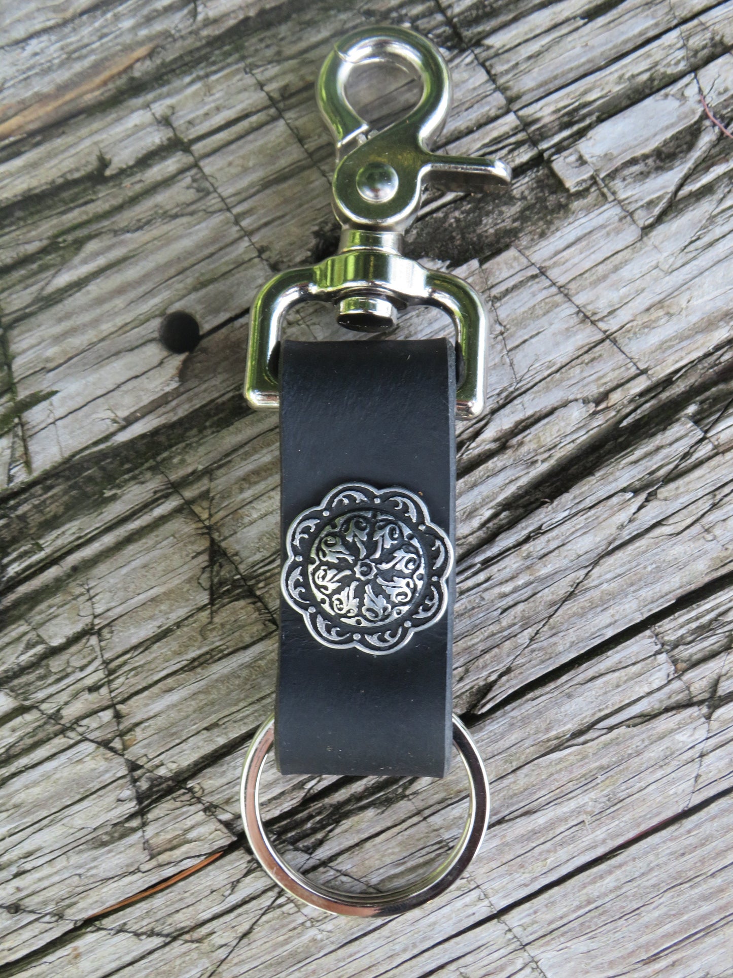 Handmade Black Water Buffalo Full Grain Leather keychain with snap and concho