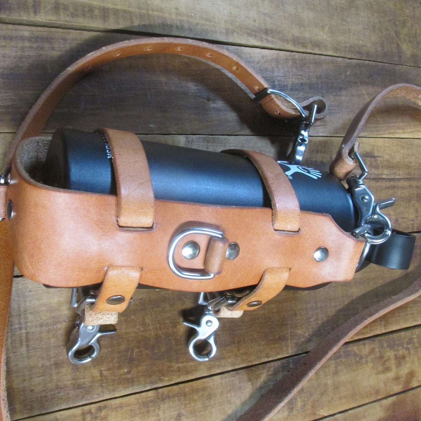 Hermann Oak leather water bottle carrier, bottle harness with shoulder strap, adjustable, briefcase, bike, hydroflask