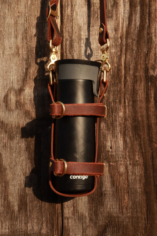 Adjustable Full Grain Water Buffalo leather water bottle carrier with shoulder strap,can be made to fit any bottle, handmade, custom leather