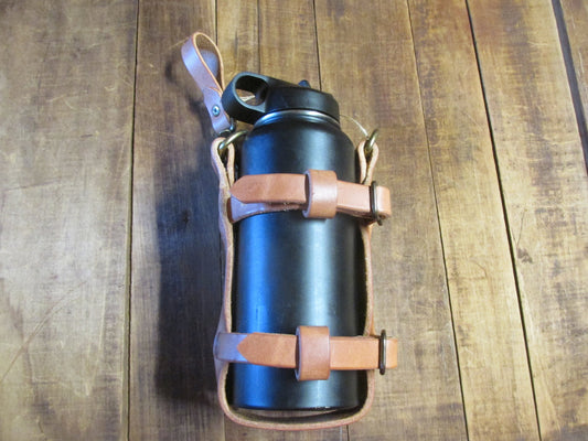 Adjustable Hermann Oak harness leather water bottle carrier with belt loop