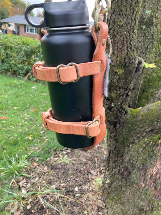 Adjustable Hermann Oak harness leather water bottle carrier with shoulder strap
