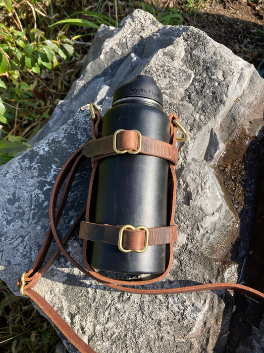 Adjustable Full Grain Water Buffalo leather water bottle carrier with shoulder strap