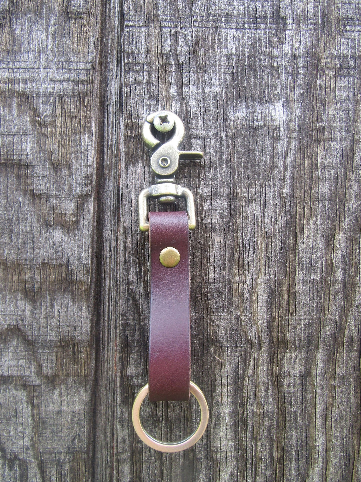 Handmade Dark Brown bridle Leather keychain with antique steel finish keyring and snap.