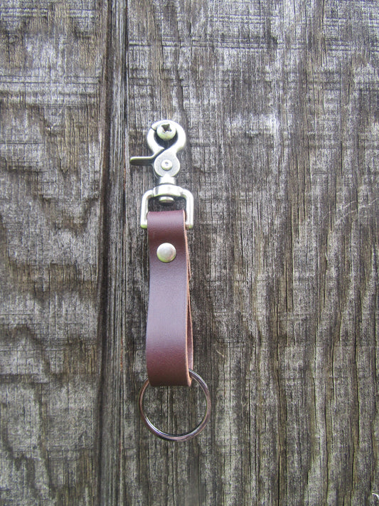 Handmade Dark Brown bridle Leather keychain with antique steel finish keyring and snap.