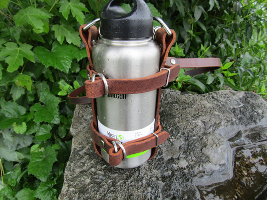 Adjustable Full Grain Water Buffalo leather water bottle carrier with shoulder strap, stainless steel hardware, can be made for any bottle