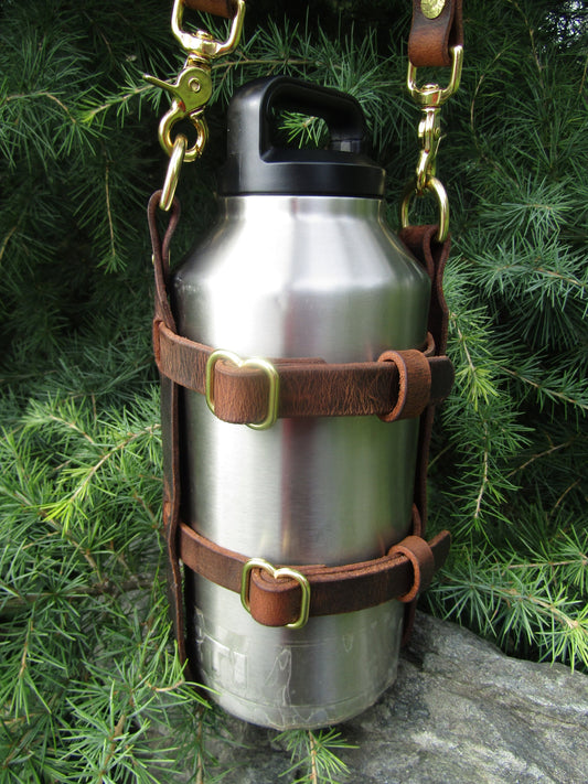 Adjustable Full Grain Water Buffalo leather water bottle carrier with shoulder strap- half gallon
