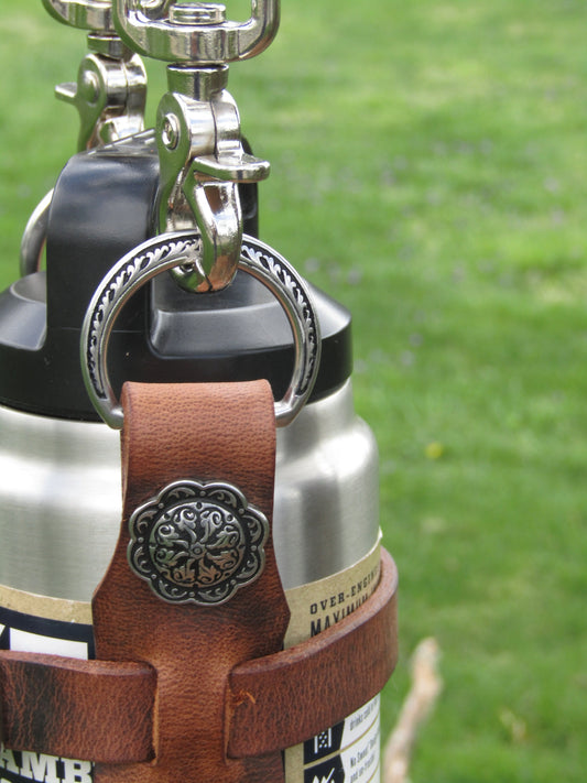 Adjustable Full Grain Water Buffalo leather water bottle carrier with shoulder strap Jeremiah Watt Hardware Water bottle carrying strap