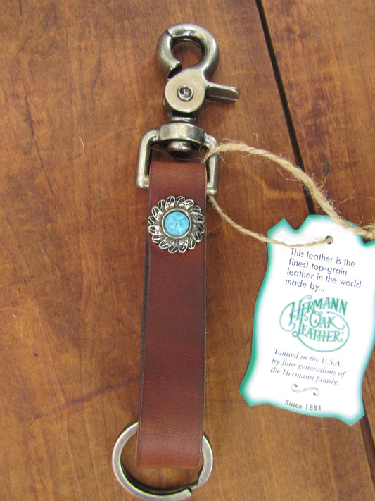 Handmade Hermann Oak latigo leather keychain with concho and snap, belt loop key chain