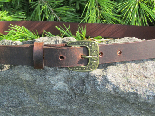 Narrow leather belt/ Womans Belt Jeremiah Watt  buckle belt/full grain brown leather womans belt, 1 inch wide leather  belt