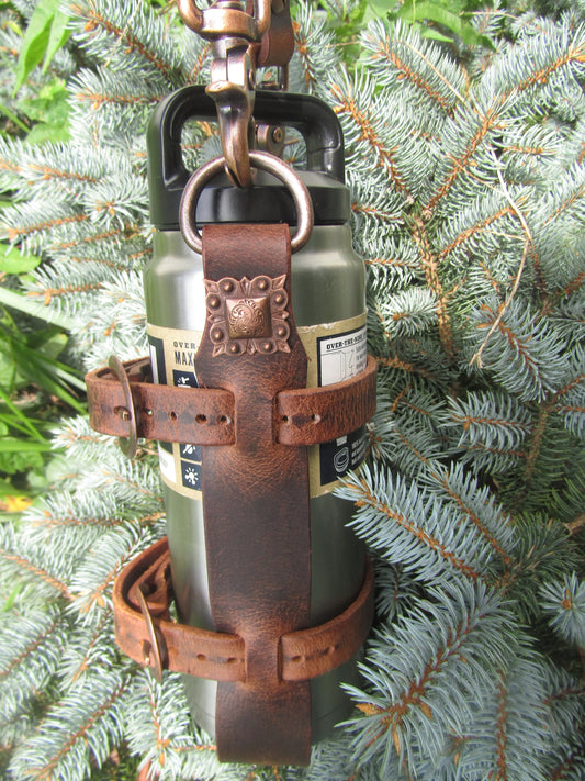 New upgraded - with buckles!! Adjustable Full Grain Water Buffalo leather water bottle carrier with shoulder strap, copper finish conchos
