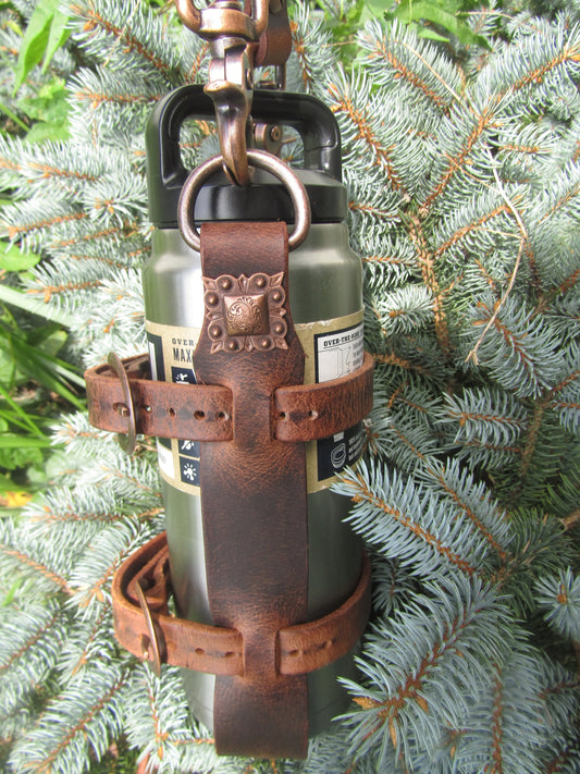 Adjustable Full Grain Water Buffalo leather water bottle carrier with shoulder strap, copper finish conchos