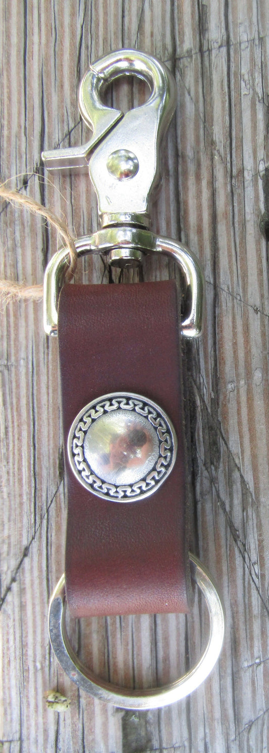 Handmade Crazy Horse Water Buffalo Full Grain Leather keychain with antique copper concho