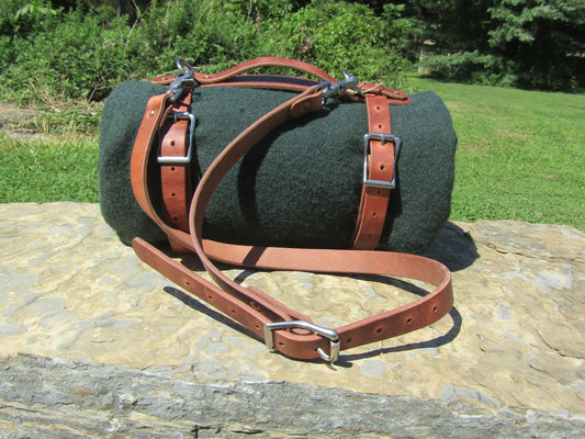 Hand made Hermann Oak harness leather blanket carrier/ blanket harness/ leather bedroll, leather blanket straps/ Custom made leather bedroll