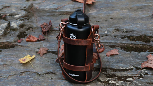 Adjustable Full Grain Water Buffalo leather water bottle carrier with shoulder strap, antique copper hardware, can be made to fit any bottle