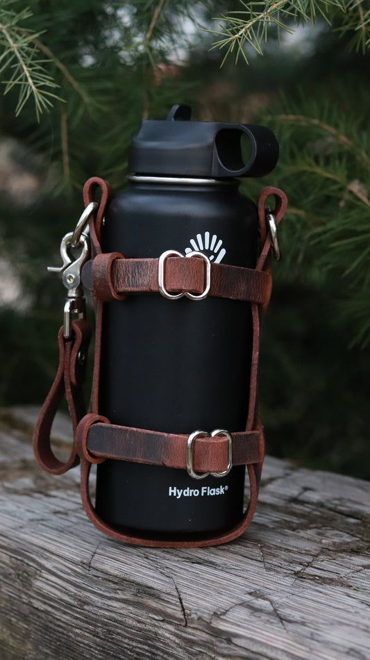 Adjustable Full Grain Water Buffalo leather water bottle carrier with belt loop snap