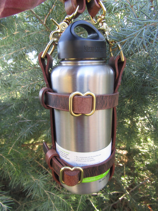 Adjustable Full Grain Water Buffalo leather water bottle carrier with shoulder strap