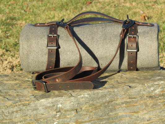 Hand made Crazy Horse Water Buffalo veg tanned leather blanket carrier/ blanket harness/bedroll
