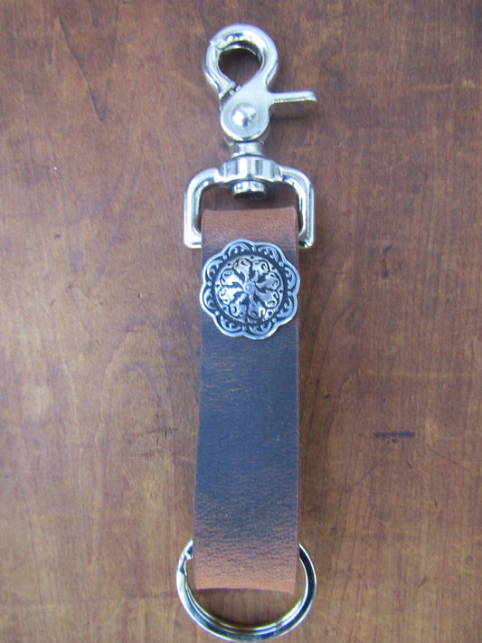 Handmade Crazy Horse brown Buffalo Leather keychain with Jeremiah Watt concho, belt loop key chain