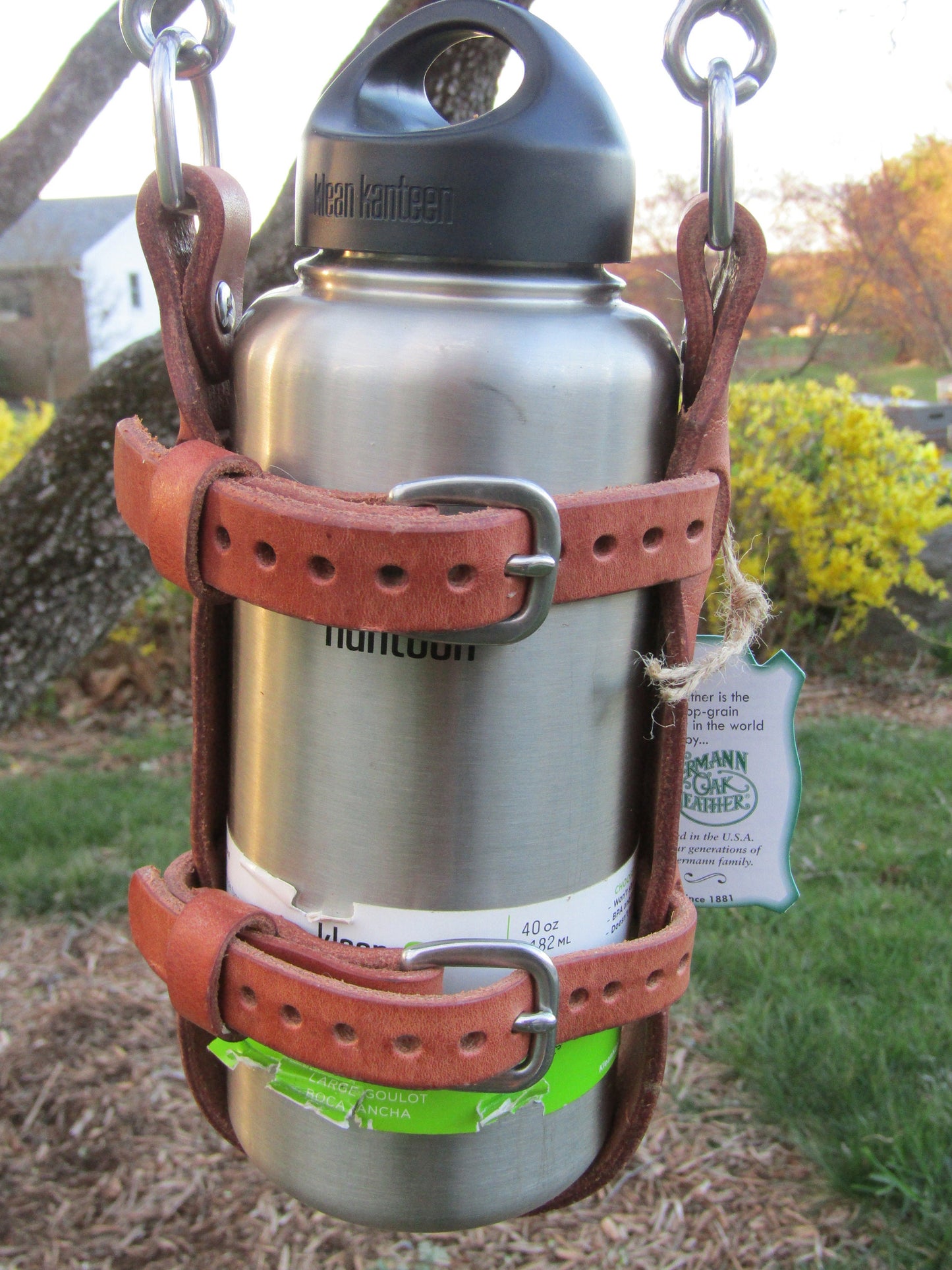 Upgraded Adjustable Hermann Oak harness leather water bottle carrier with shoulder strap, stainless steel hardware