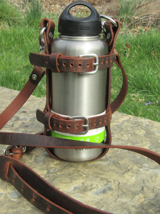 Updated with buckles and shoulder pad Adjustable Full Grain Water Buffalo leather water bottle carrier with shoulder strap, Stainless Steel