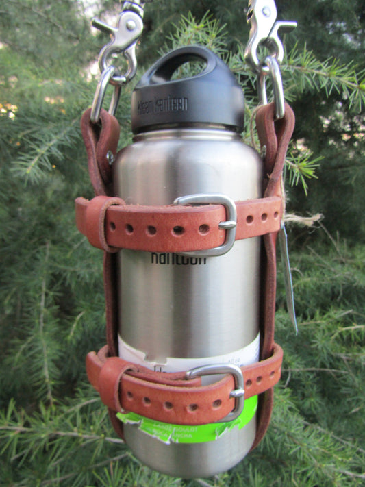Upgraded Adjustable Hermann Oak harness leather water bottle carrier with shoulder strap, stainless steel hardware