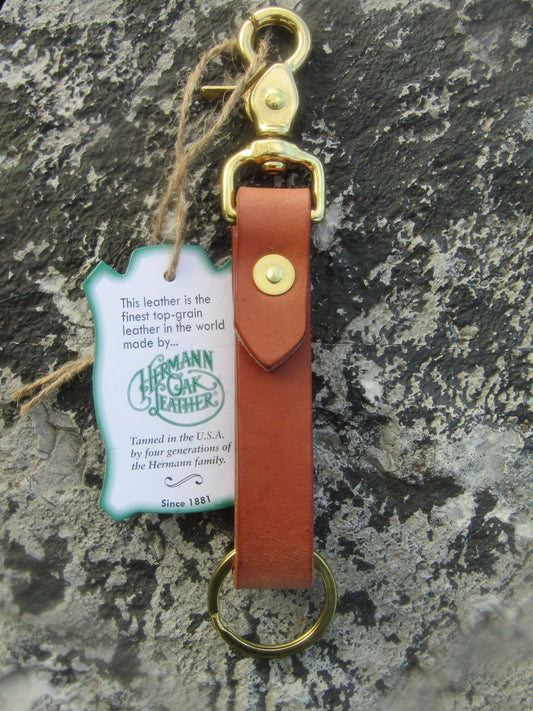 Handmade Hermann Oak Harness Leather keychain solid brass key ring and snap with hand driven rivet