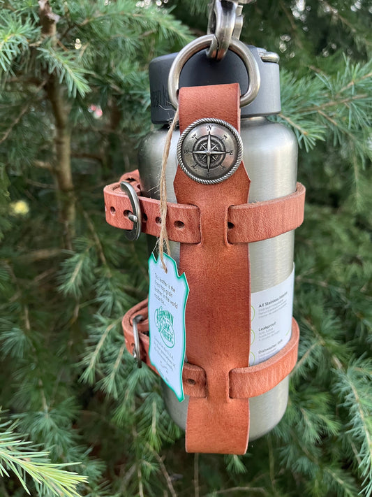 Adjustable Hermann Oak harness leather water bottle carrier with shoulder strap, Compass Conchos water bottle harness water bottle